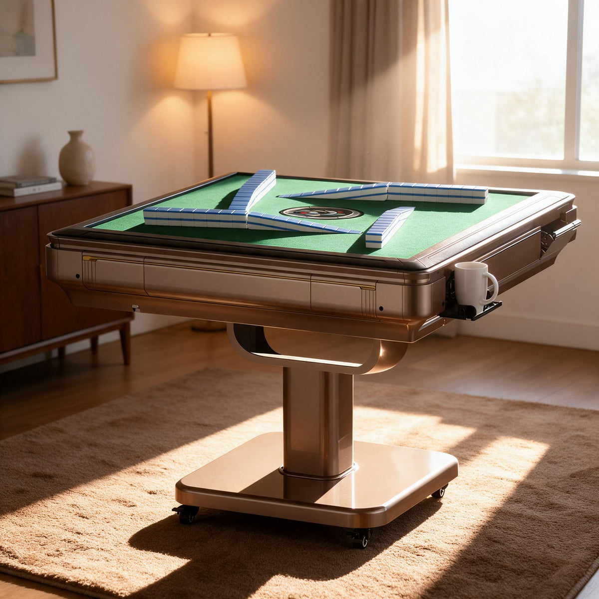 KunLun Automatic Foldable Mahjong Table Champagne Gold with 42MM+Two Options 144 No-Numbered Chinese-Tiles or 152 Numbered American-Tiles, 2-Year Warranty & 24/7 Tech Support