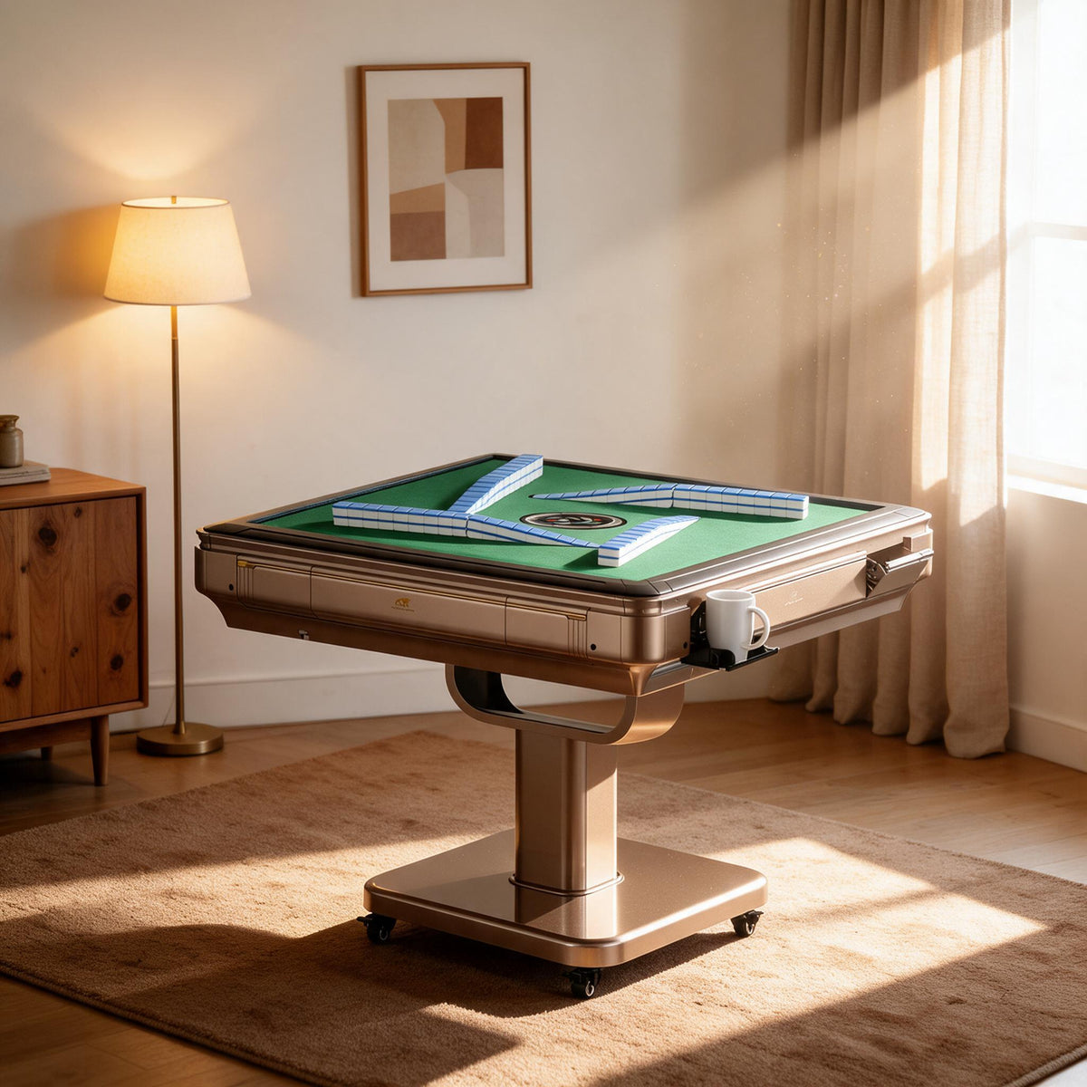 KunLun Automatic Foldable Mahjong Table Champagne Gold with 42MM+Two Options 144 No-Numbered Chinese-Tiles or 152 Numbered American-Tiles, 2-Year Warranty & 24/7 Tech Support